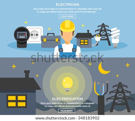 Electricity and power horizontal banners set with electrification symbols flat isolated vector illustration 
