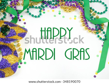 Carnival and Mardi Gras items including harlequin mask, green, gold and purple beads and ribbons and confetti on a warm white background.  Text added in appropriate color