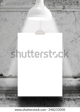 One hanged paper sheet frame with white retro lamp on ancient decorated marble wall background