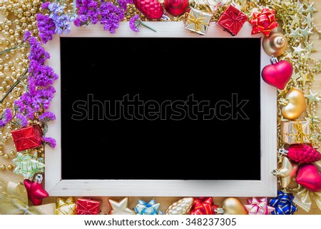 Happy New Year background decoration with blackboard over wooden table, Happy New Year concept