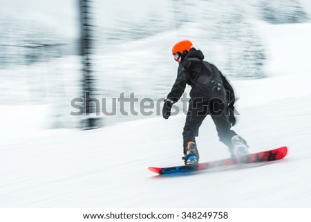  a man skiing snow board  very fast. blurred picture.
