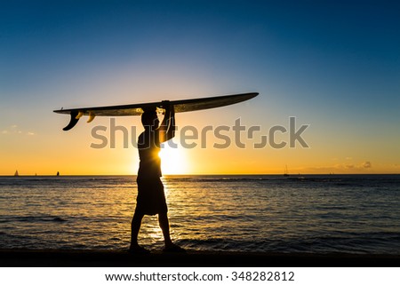 Surfer on Beach at Sunset
