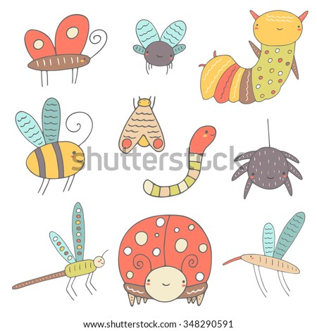 Cute hand drawn doodle insects collection including butterfly, bee, lady bird, worm, fly, moth, caterpillar, mosquito, dragonfly, spider. Insect icon. Happy, smiling insects collection for children
