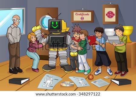 A vector illustration of students working on robot experiment in class