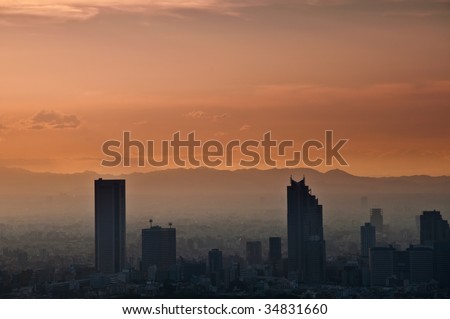 Sunset over the Shinjuku District of Tokyo.