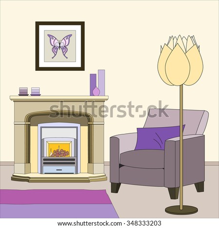 Home interior with fireplace, an armchair and a floor lamp. Vector illustration.