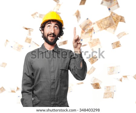 happy worker man pointing up