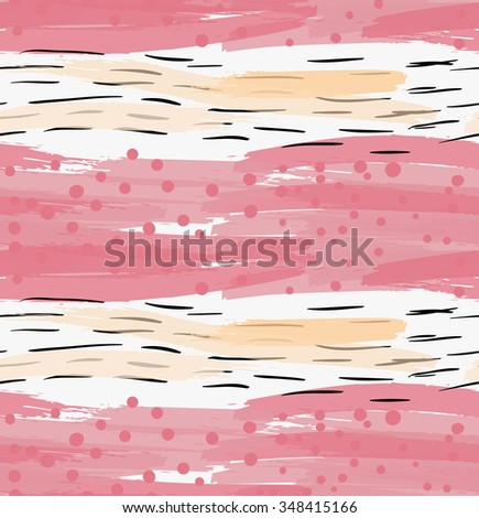 Artistic color brushed pink strokes with dots and black hatches.Hand drawn with ink and marker brush seamless background.Abstract color splush and scribble design.