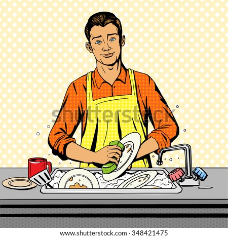 Man washes dishes pop art style vector illustration. Comic book style imitation