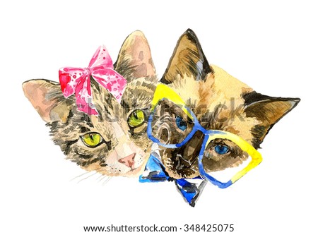 Cat lovers celebrate Valentines day. Modern cat girl in fashionable bow and handsome cat boy in cute glasses. Can be used for posters, invitation and greeting cards, t-shirts. Watercolor illustration