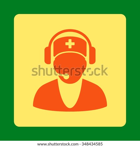 Hospital Receptionist vector icon. Style is flat rounded square button, orange and yellow colors, green background.