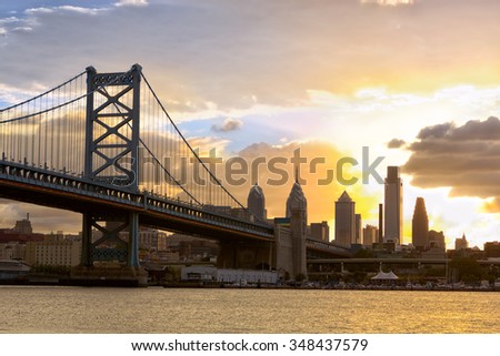 Philadelphia skyline and Ben Franklin Bridge at sunset, United States