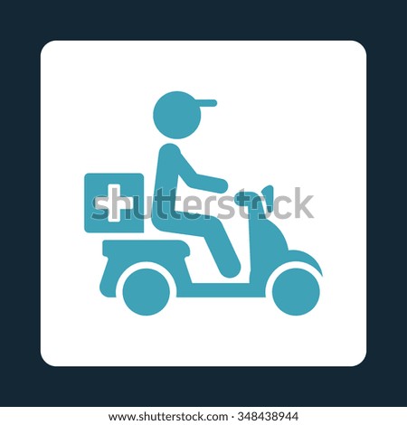 Medicine Motorbike Delivery vector icon. Style is flat rounded square button, blue and white colors, dark blue background.