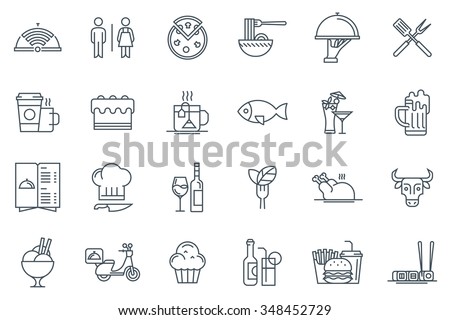 Restaurant icon set suitable for info graphics, websites and print media. Black and white flat line icons. Royalty-Free Stock Photo #348452729