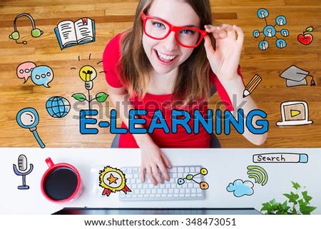 E-Learning concept with young woman with red glasses in her home office