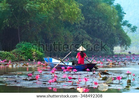 Yen stream on the way to Huong pagoda in autumn, Hanoi, Vietnam. Vietnam landscapes. Royalty-Free Stock Photo #348492308