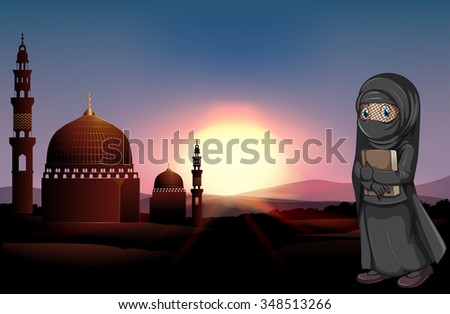 Muslim girl holding book at mosque illustration