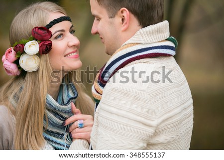 Autumn couple in the style of boho. Copy space. 