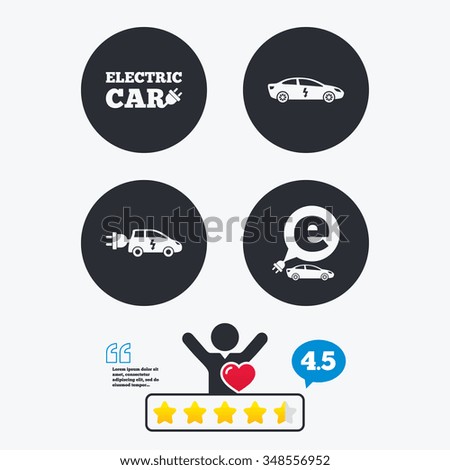 Electric car icons. Sedan and Hatchback transport symbols. Eco fuel vehicles signs. Star vote ranking. Client like and think bubble. Quotes with message.