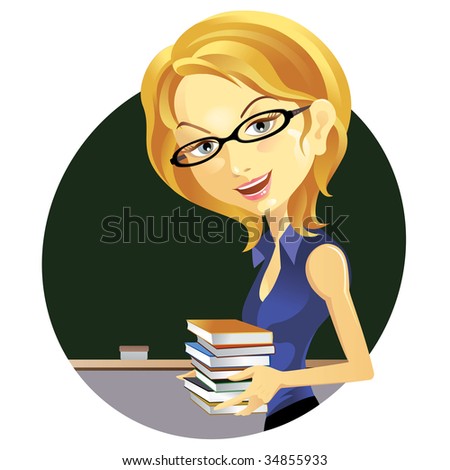Female teacher standing and holding books, smiling, portrait