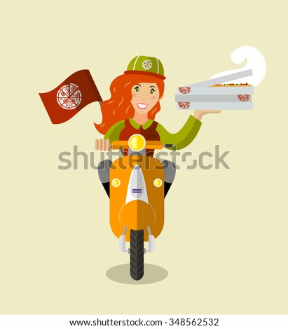Beautiful red-haired food delivery girl on a scooter with boxes of pizza, flat design