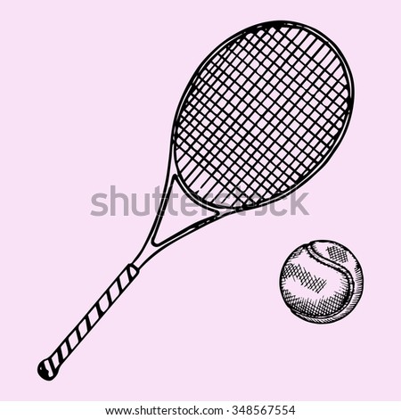 Tennis racket and ball, doodle style, sketch illustration, hand drawn, raster