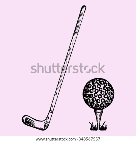 Golf club and ball, set, playing golf, doodle style, sketch illustration, hand drawn, raster