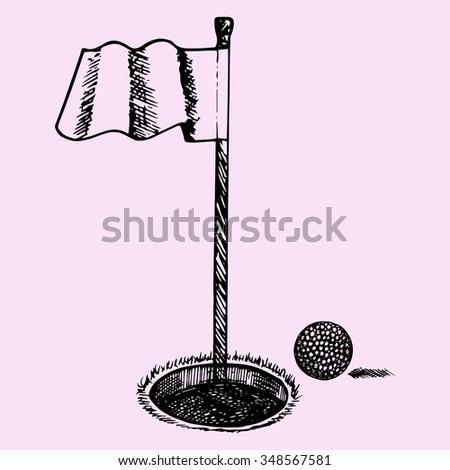 Golf ball and golf flag, doodle style, sketch illustration, hand drawn, raster