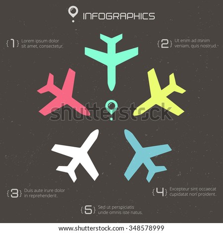 Vector poster with airplanes, airplane stream jet and info graphic elements, pop-art minimalistic style, for travel agencies, aviation companies.