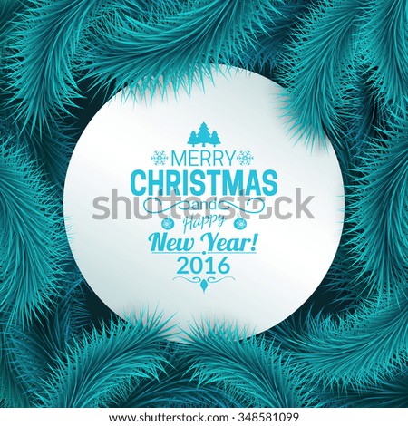 Christmas and New Year background. Round shape and fir tree decorations. Greeting card vector template. 