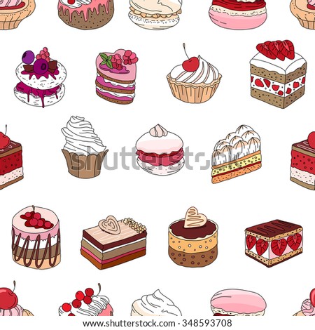 Seamless pattern wit different kinds of dessert. Endless texture for your design, announcements, postcards, posters, restaurant menu.