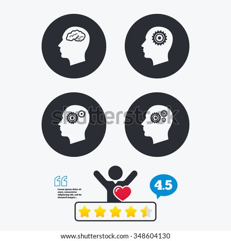 Head with brain icon. Male human think symbols. Cogwheel gears signs. Star vote ranking. Client like and think bubble. Quotes with message.