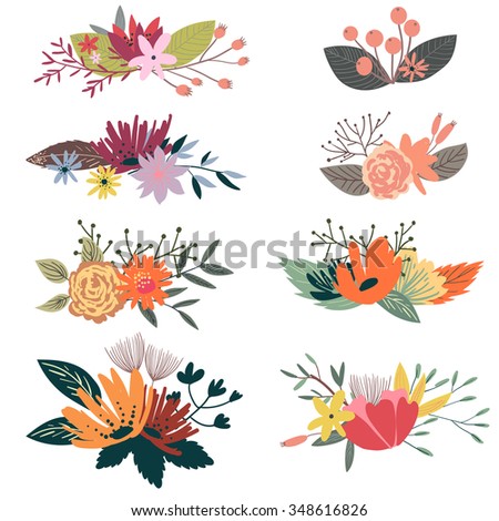 Banners, floral frames and graphic elements. Wreath illustration made of flowers and herbs. Vector decorative frame and leaf. Spring elements. Floral doodles wreath.