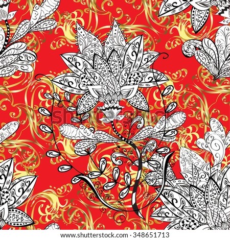 vector seamless abstract floral pattern on red background with golden elements