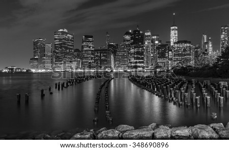 Black and white New York City at night, USA.