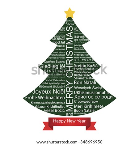 Merry Christmas and Happy New Year text  word Tag Cloud shaped as a tree. Isolated on white