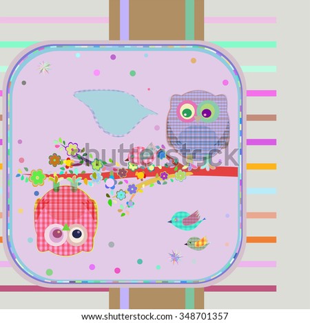 vector textile owl and bird on floral branch tree with empty bubbles