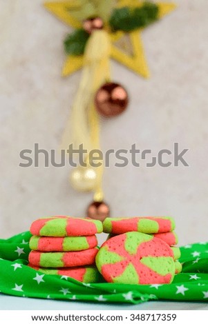 Homemade colorful Christmas cookies in the form of green and red pinwheels 