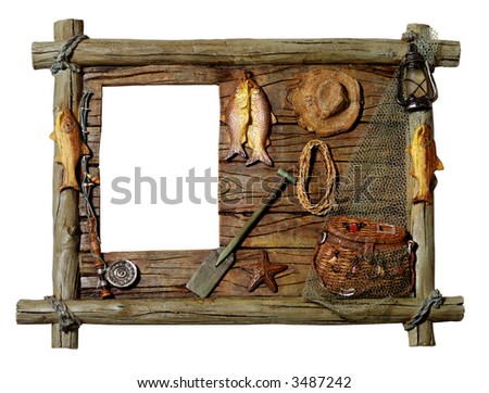 Decorative artistic wooden picture frame Fishing theme Isolated silhouette over white background with a clipping path