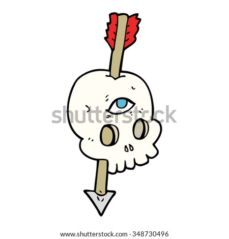 freehand drawn cartoon magic skull with arrow through brain