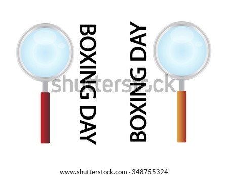 Magnifying Glass Searching Cheap Product on Boxing Day Best Buy Deal, Sign for Start Christmas Shopping Season.