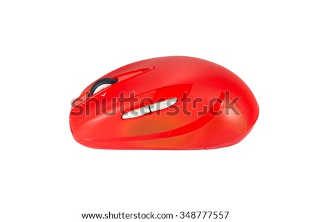 Old red optical mouse with wireless on white background