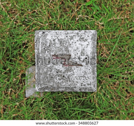 Lightning bolt symbol etched on a concrete block in a grass field.