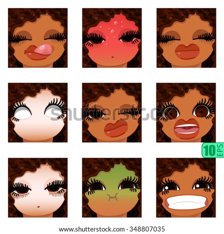 vector Set avatars icons smiley ClipArt swarthy Girl faces wavy curly dirty BRUNETTE Brown hair, BROWN EYES Emotions Expressions Web Blog Graphics Profile Picture Pack 5