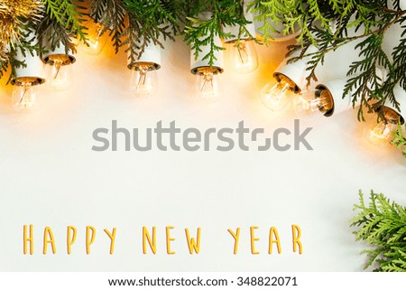 green branches and amazing christmas  vintage garland lights   on white background, happy new year text