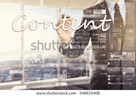 the businessman in the office is writing on the transparent board: Content