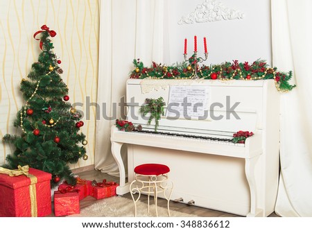 Christmas interior room with fir tree and piano