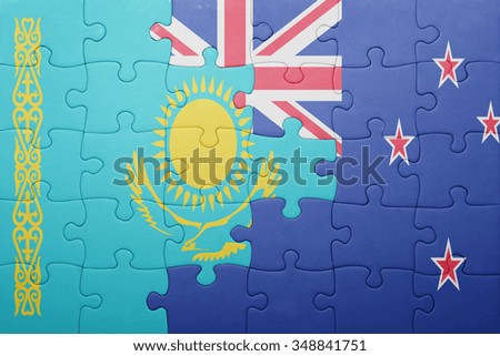 puzzle with the national flag of kazakhstan and new zealand. concept