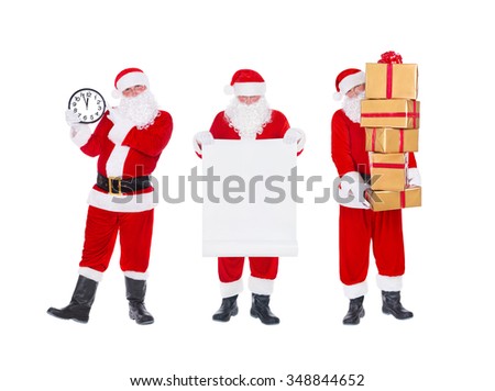 Set of Christmas Santa Clauses in costume, gloves, boots, eyeglasses with clock showing five minutes to midnight, roll blank paper, golden color gifts pile isolated on white background