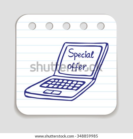 Doodle Laptop icon with Special Offer sign. Blue pen hand drawn infographic symbol on a notepaper piece. Line art style graphic design element. Technology computer web application concept